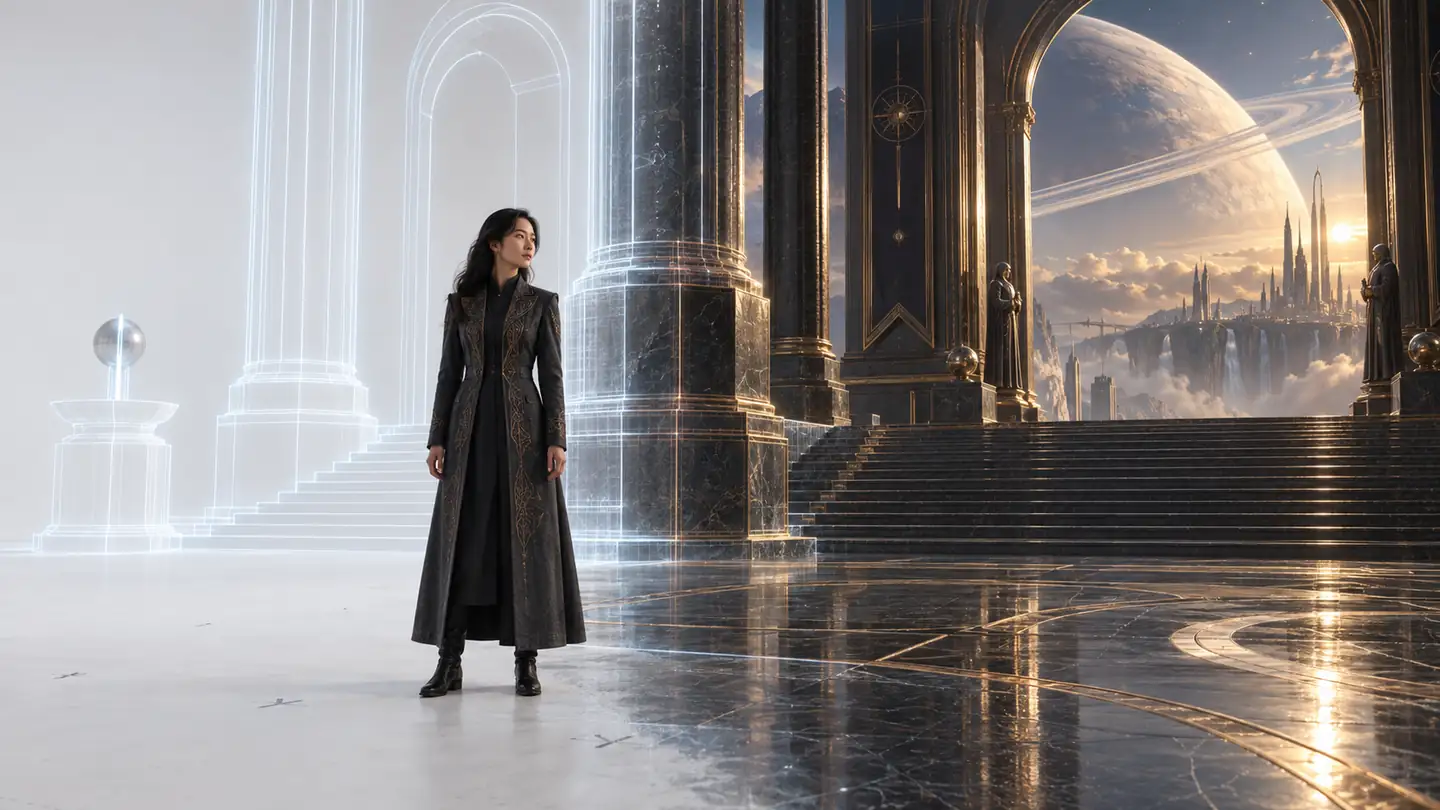 An actor stands between a white studio outlined in light and a fully rendered interstellar palace, showing a virtual world taking shape.