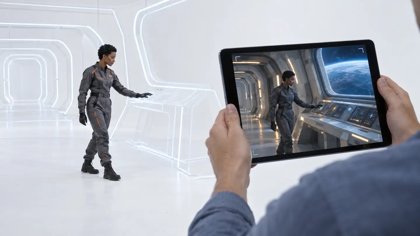 A tablet shows an actor inside a fully rendered spacecraft while the white studio behind reveals the same corridor and console as luminous outlines.