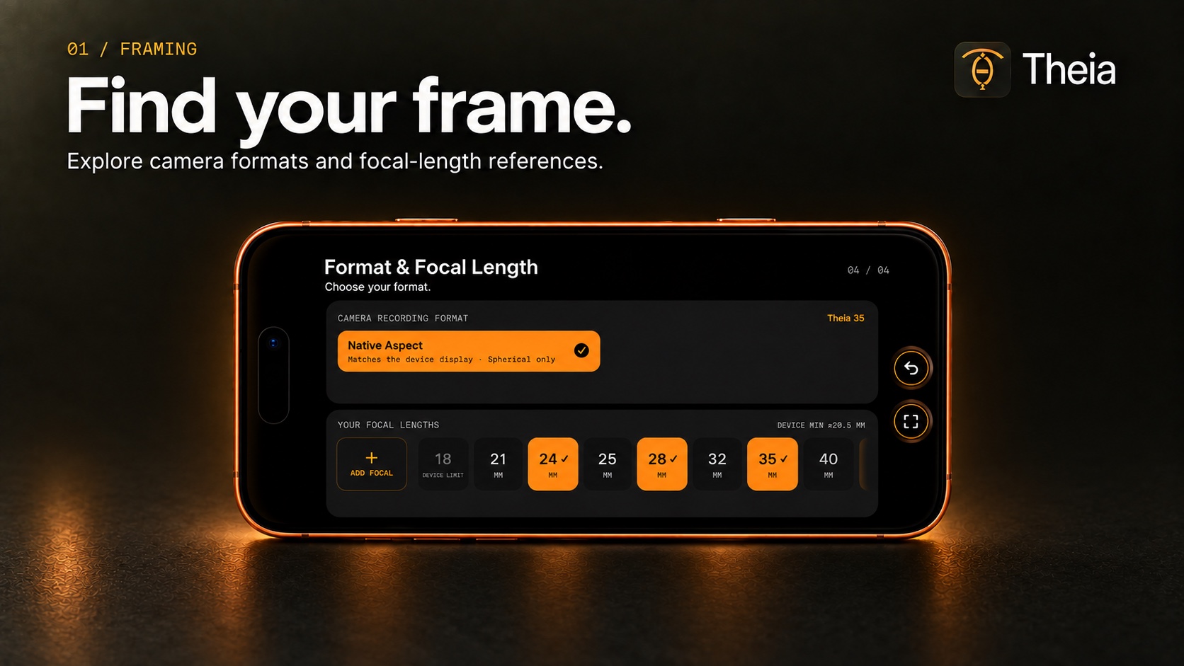 Promotional mockup of Theia’s camera-format and focal-length controls on a landscape iPhone. The image reads “Find your frame.”