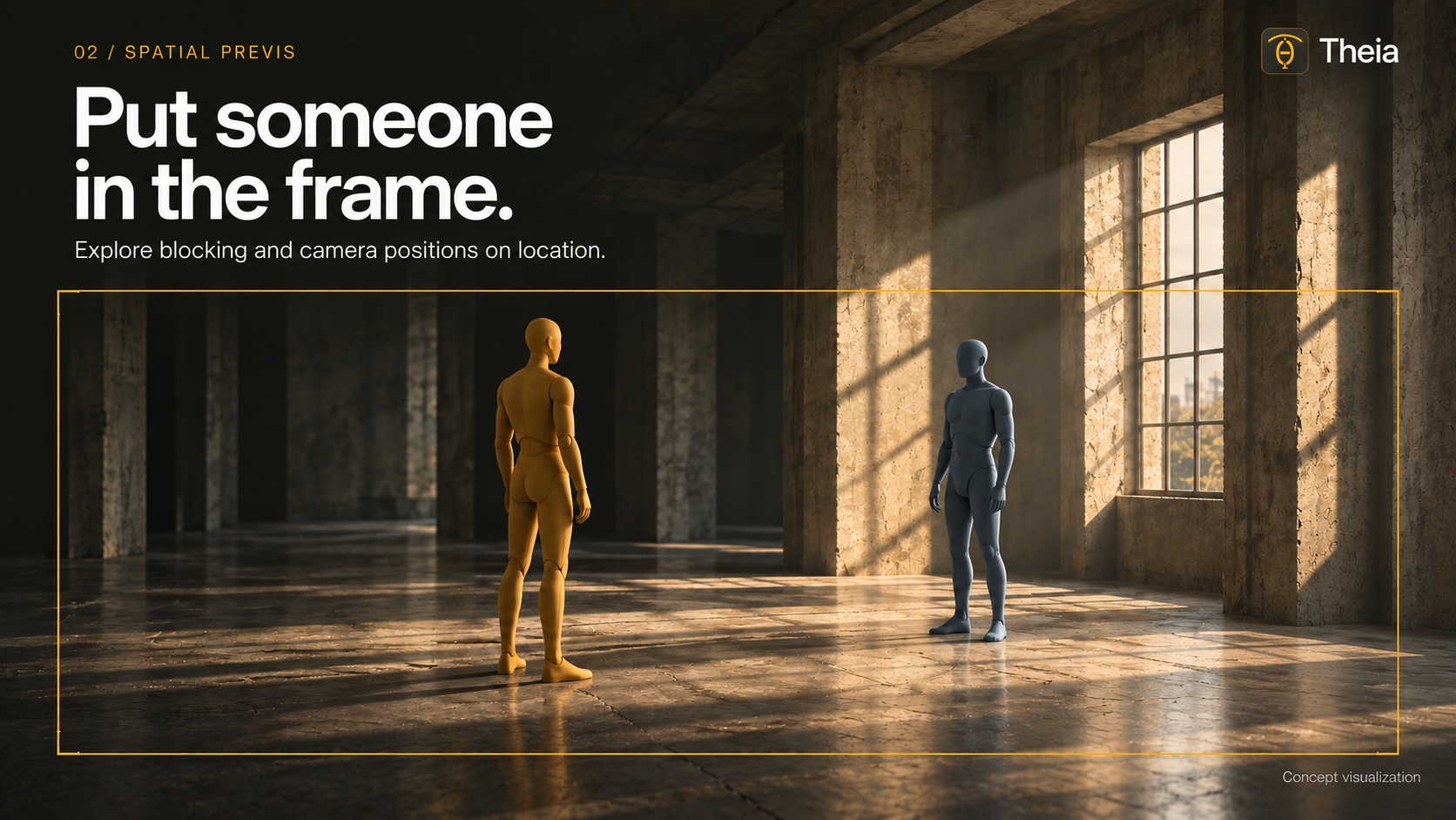 Concept visualization of amber and blue virtual characters in a sunlit room. The image reads “Put someone in the frame.”